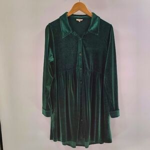 Jodifl Green Velour Button Up Dress Long Sleeve Size Medium